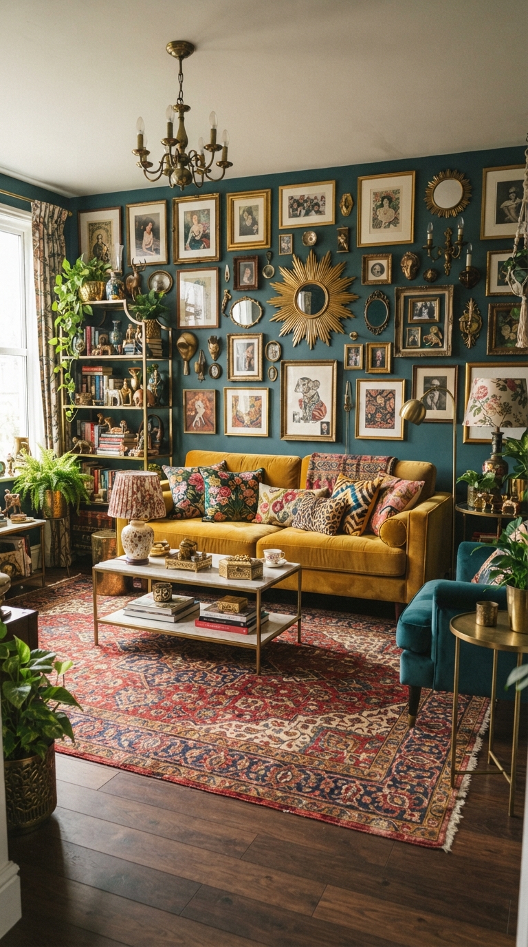 Maximalist living room with goldenrod sofa and gallery wall