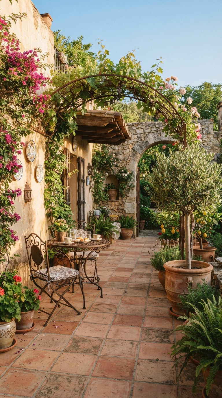 Mediterranean-inspired courtyard patio with terracotta tile