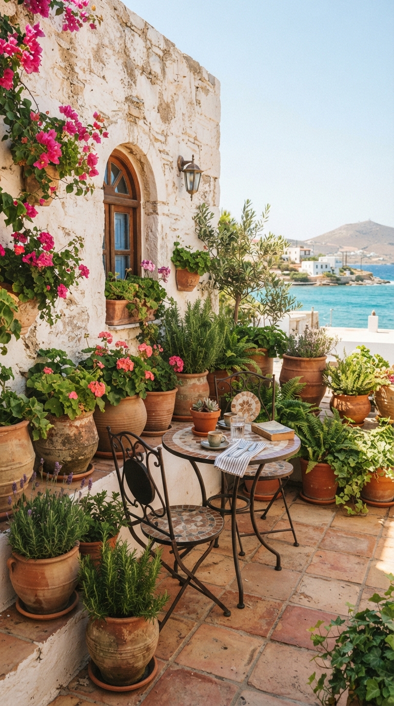 Mediterranean-style terrace garden corner with terracotta pots.