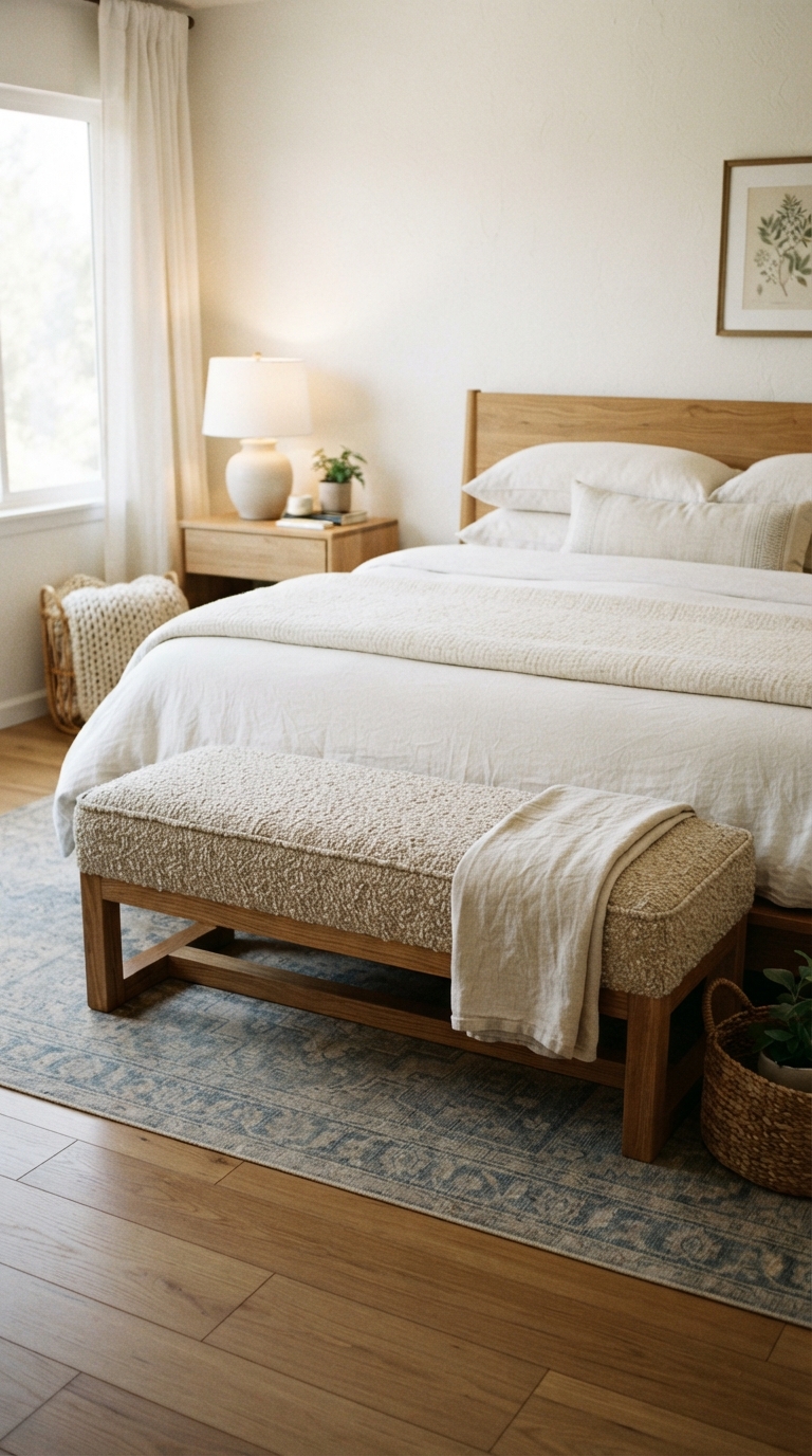 Bench at the foot of the bed in a modern men's bedroom design