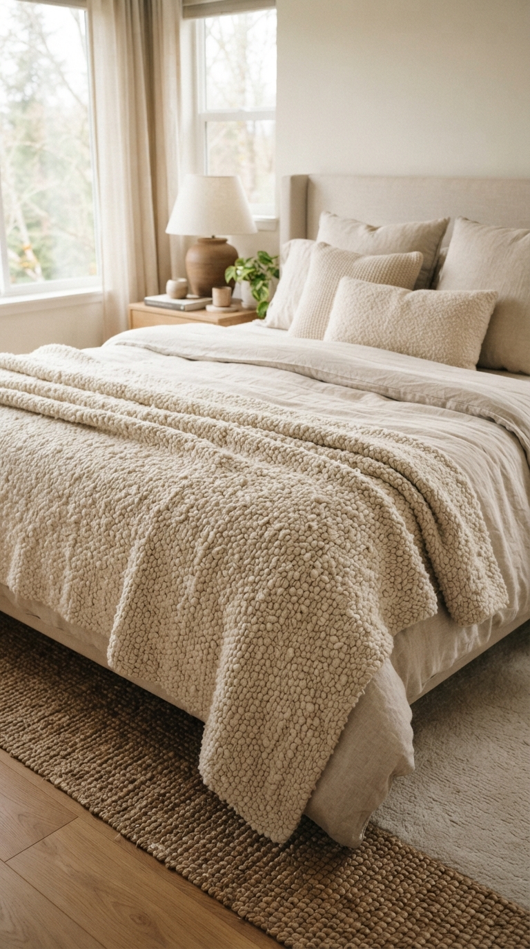 Boucle textured throw layering in a masculine bedroom design
