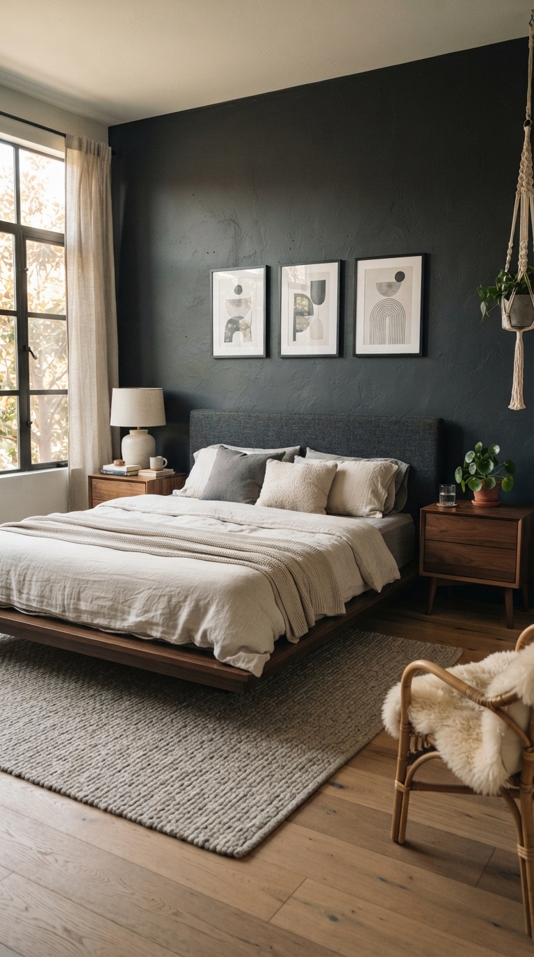 Charcoal accent wall in a modern men's bedroom design idea