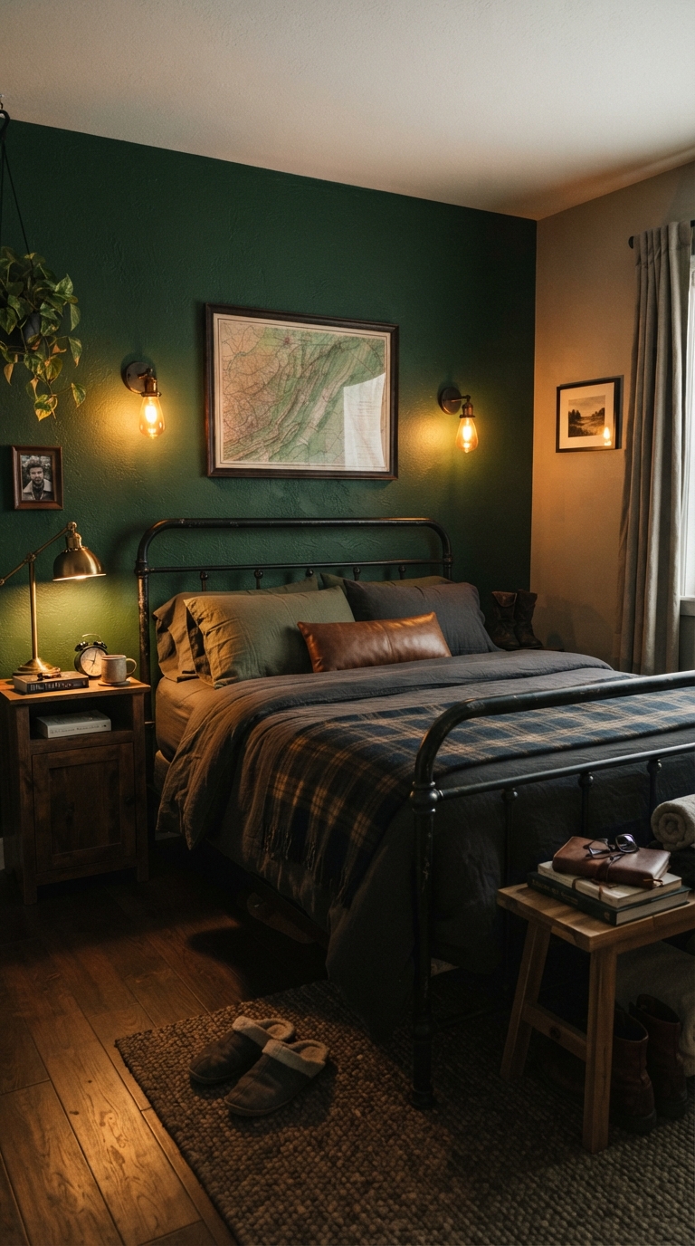 Deep green accent wall as a modern men's bedroom design idea