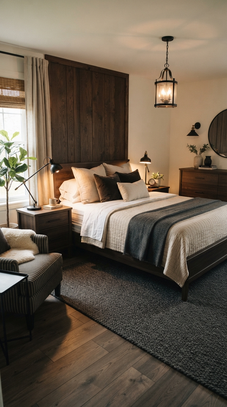 Espresso and black tonal layering in a men's bedroom design