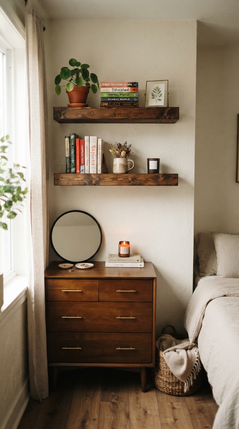 Vertical floating shelf storage in a small men's bedroom design