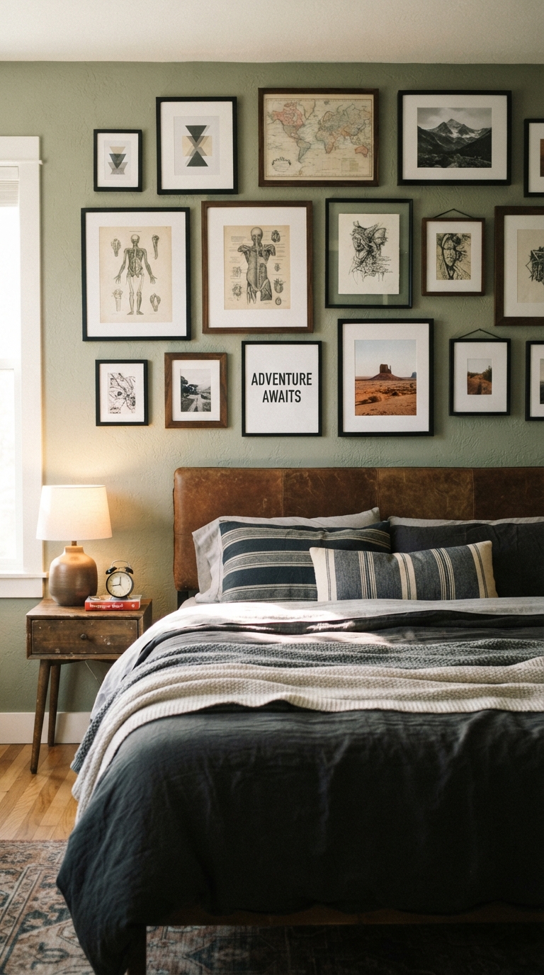 Curated gallery wall as a personal touch in a men's bedroom design