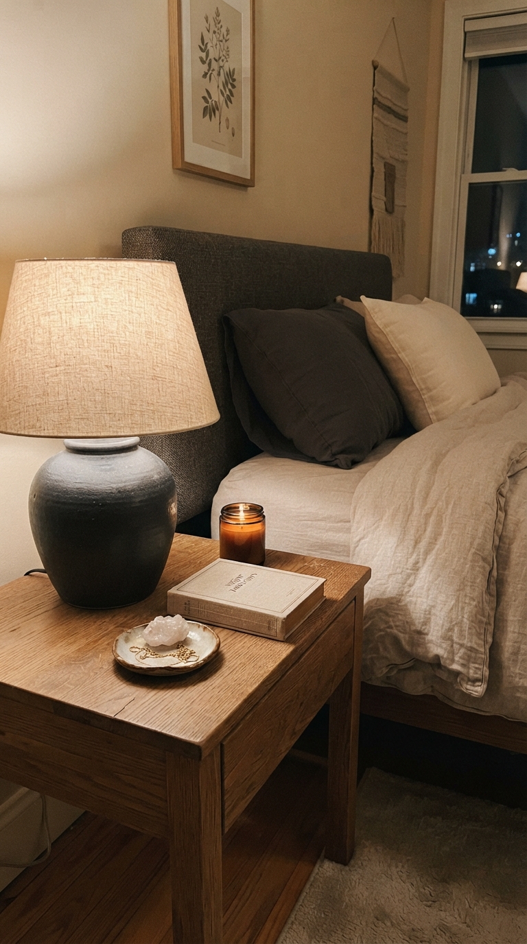 Layered lamp lighting for ambiance in a men's bedroom