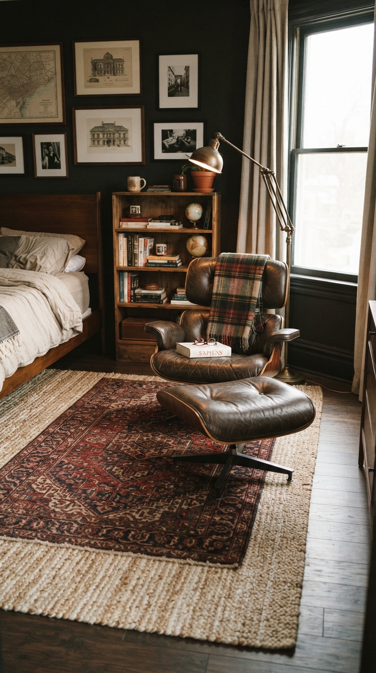 Layered rugs and minimalist decor corner in a men's bedroom design
