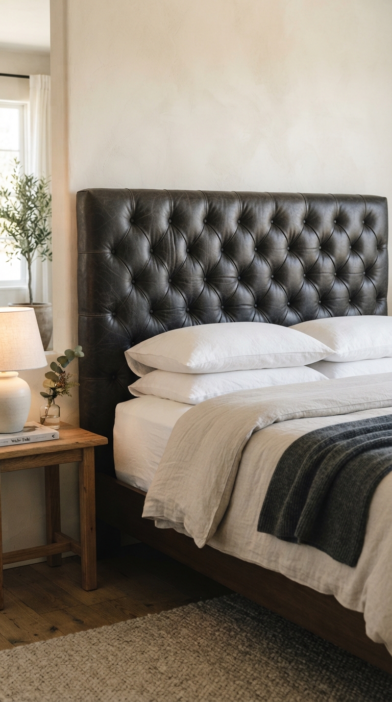 Leather headboard as a masculine men's bedroom design idea