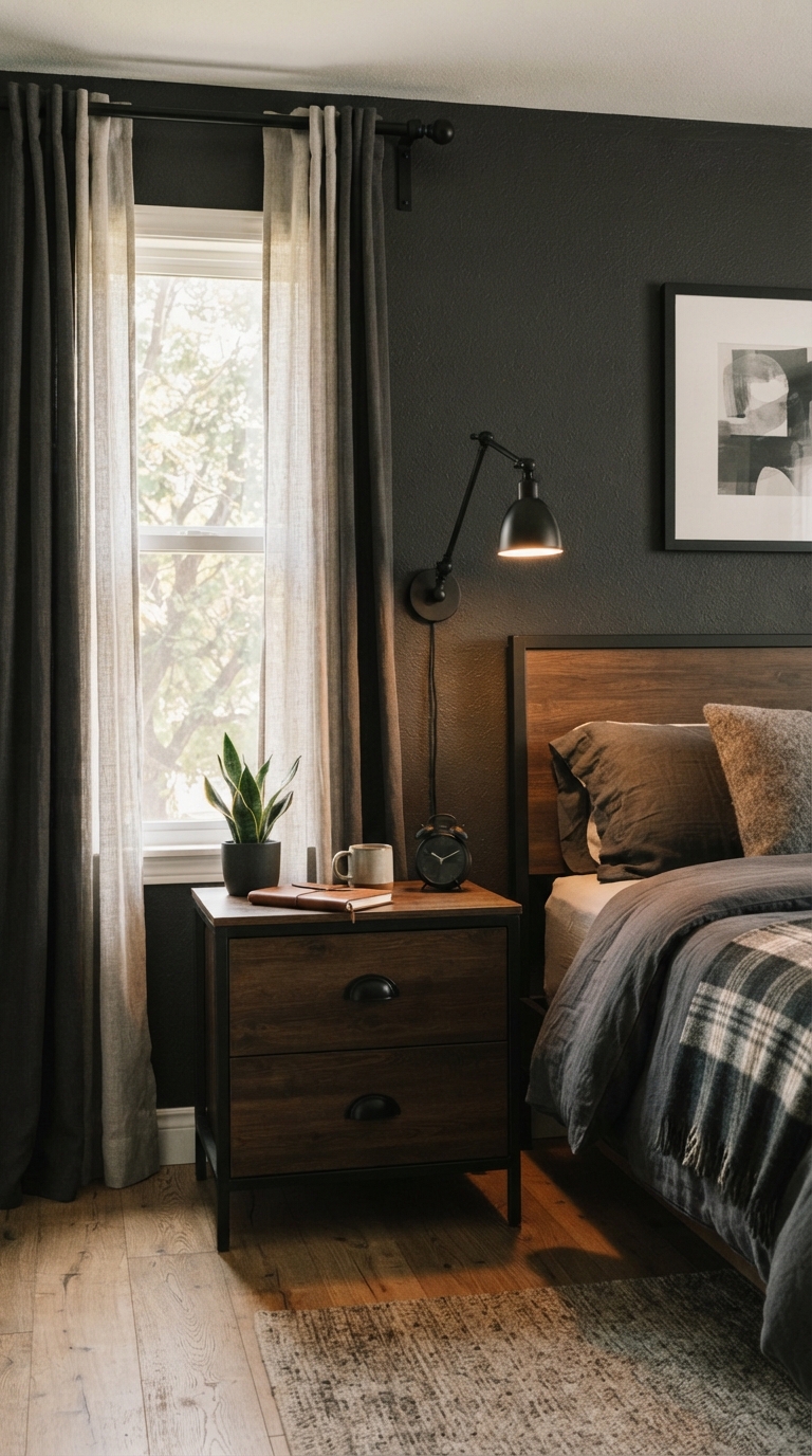 Matte black metal fixtures throughout a men's bedroom design