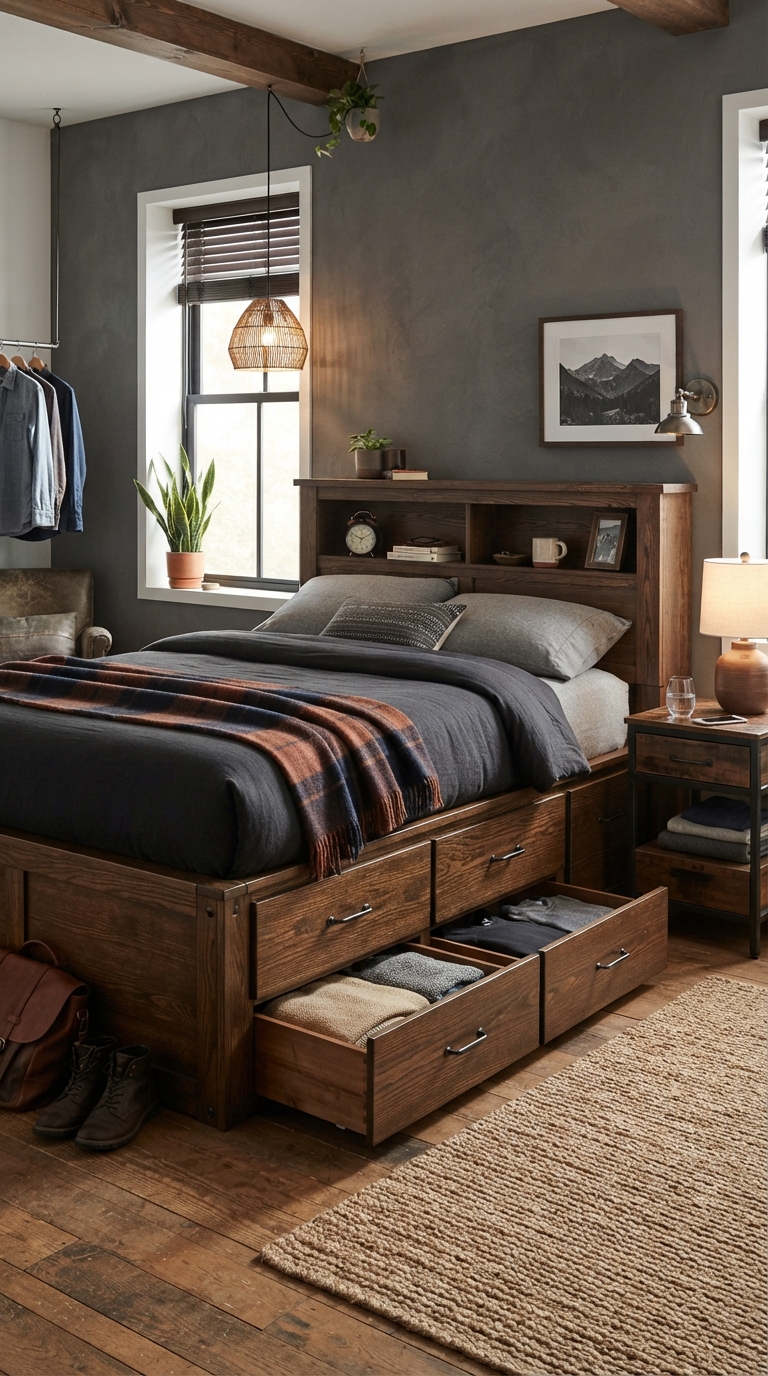 Multi-functional storage furniture in a small men's bedroom design