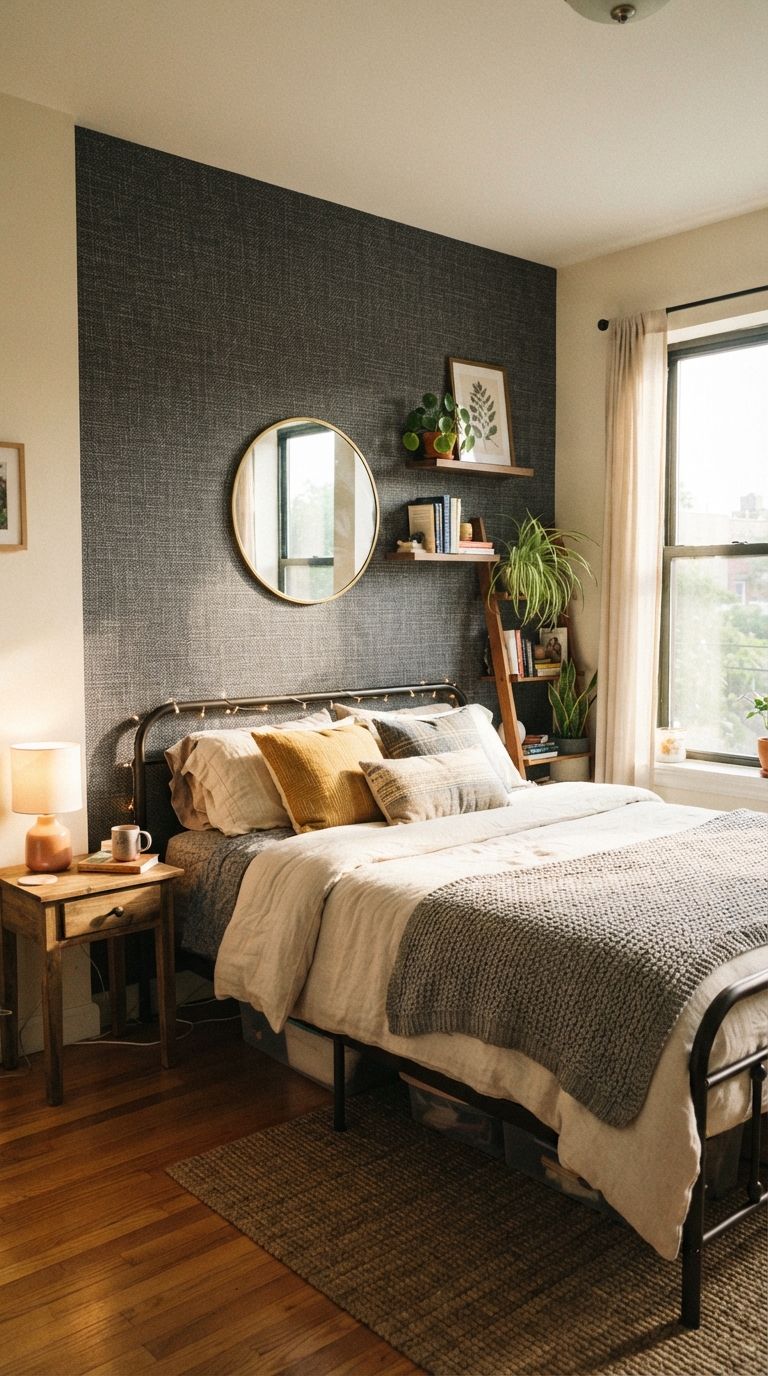Renter-friendly peel-and-stick accent wall in a small men's bedroom