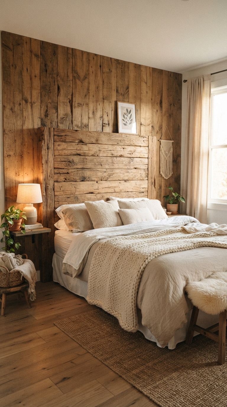 Raw wood accent wall as a men's bedroom design idea