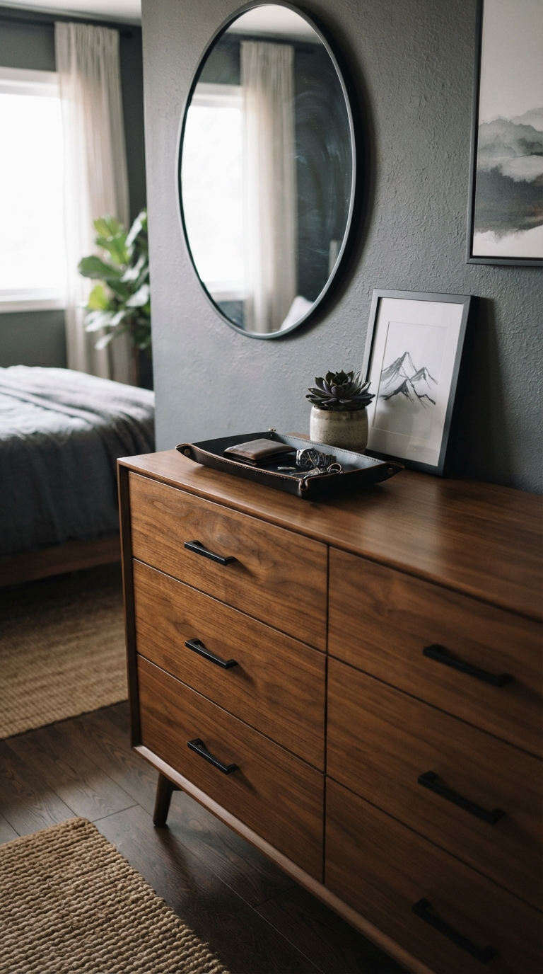 Statement dresser with bold hardware in a men's bedroom