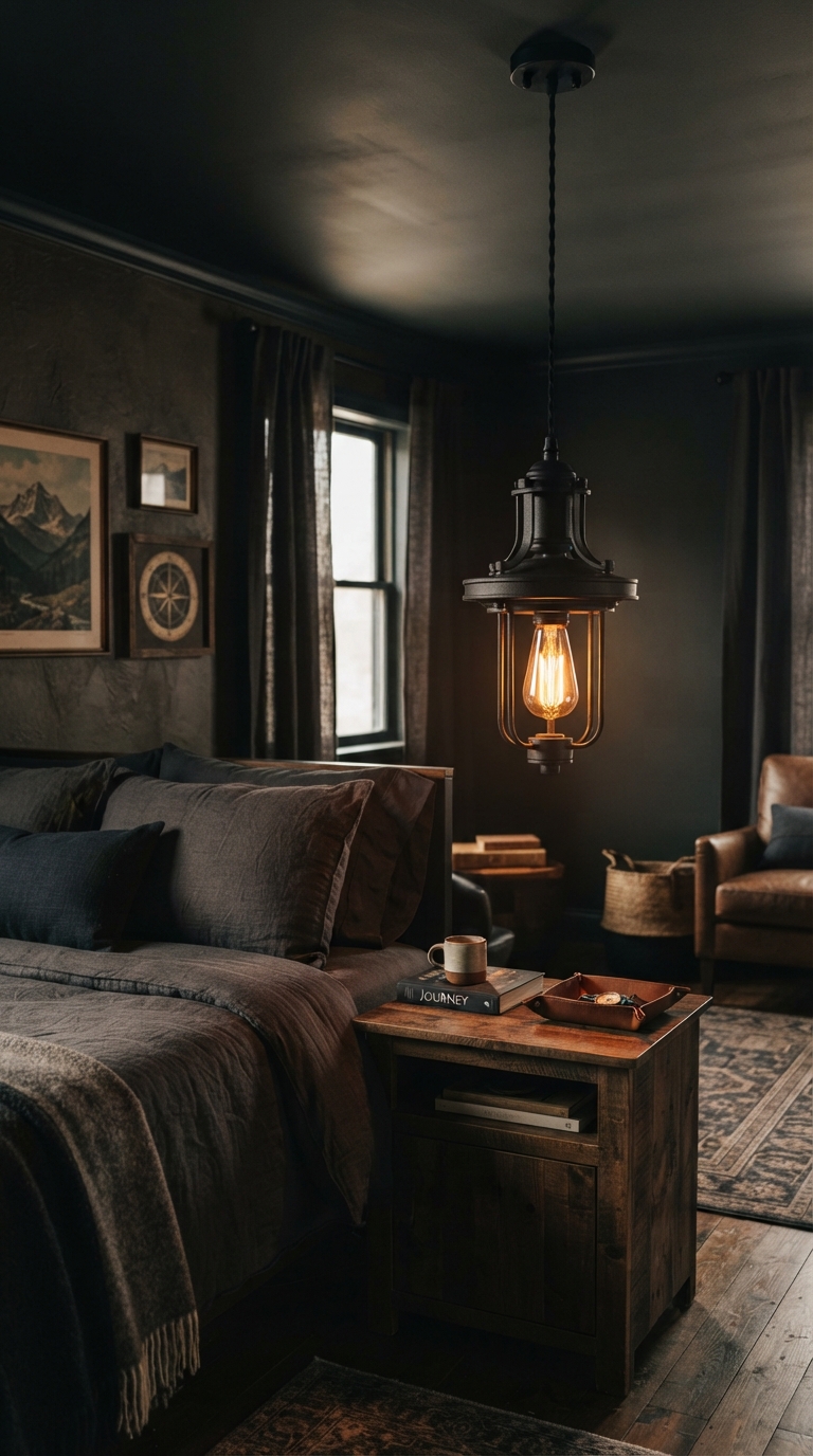 Statement pendant lighting in a modern men's bedroom design idea