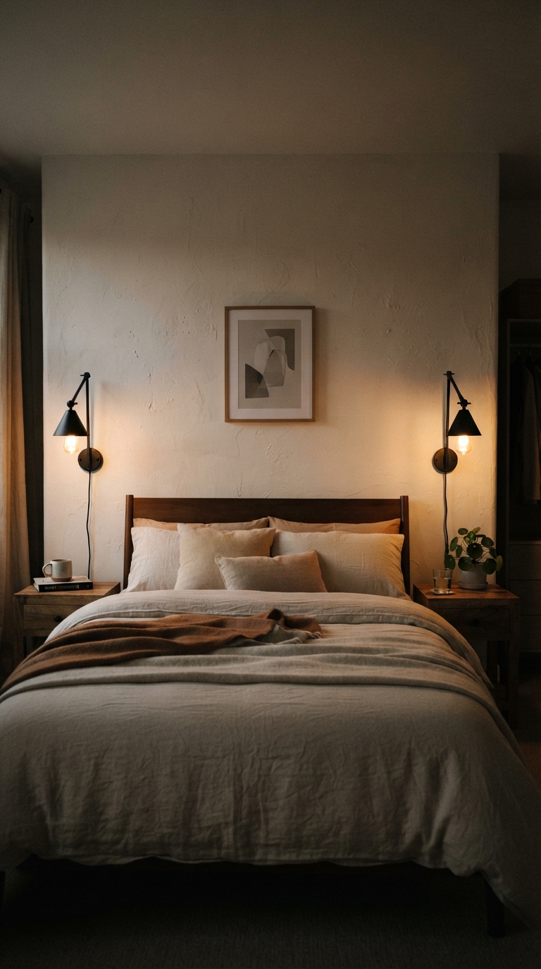 Dimmable wall sconces in a masculine men's bedroom design