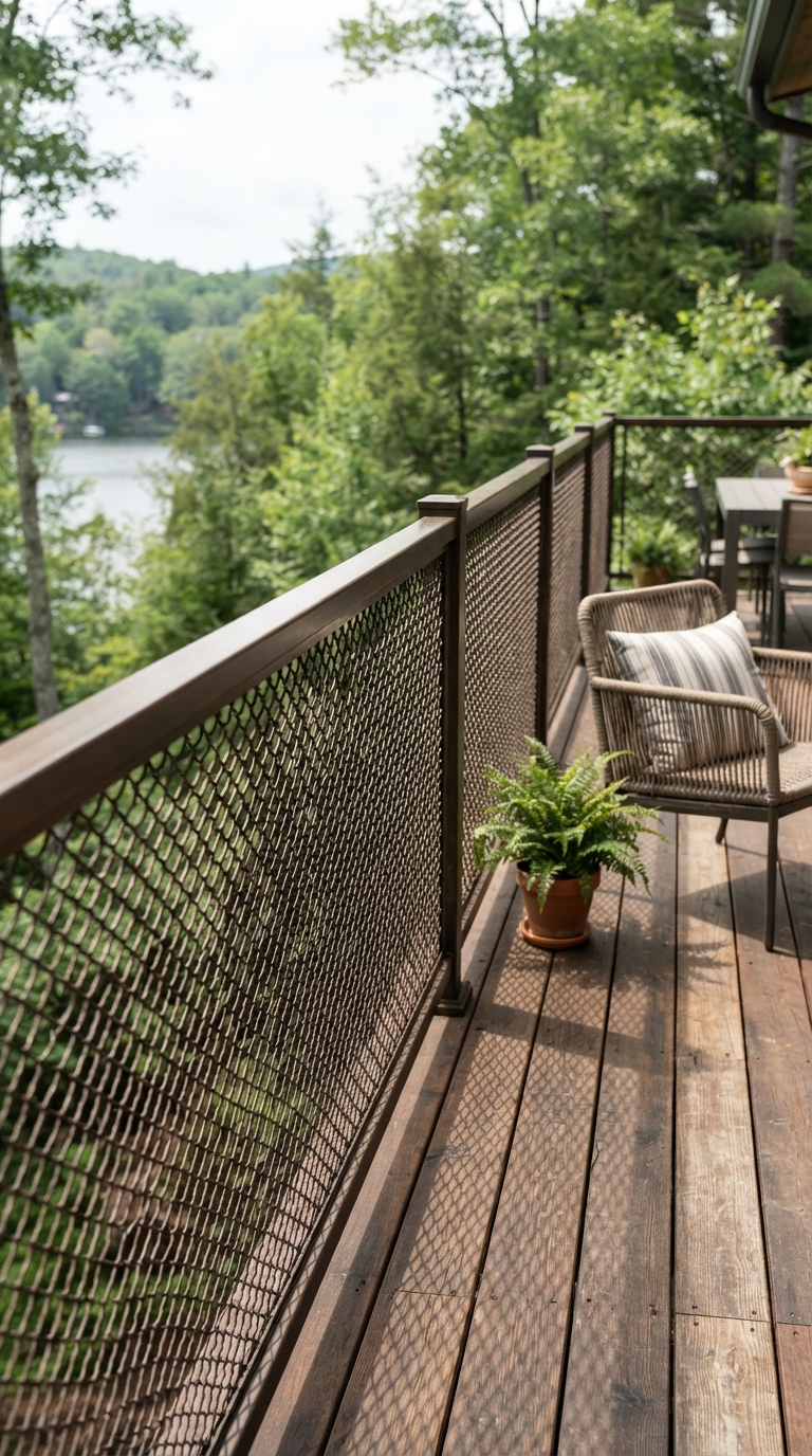 Powder-coated metal mesh deck railing with an industrial modern look