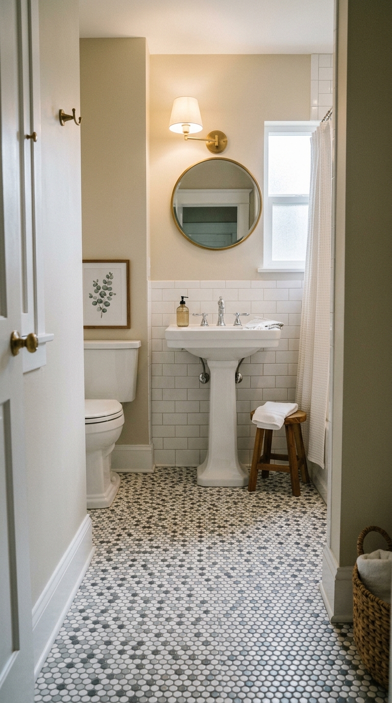 Penny round micro-tile floor in a small vintage-style bathroom