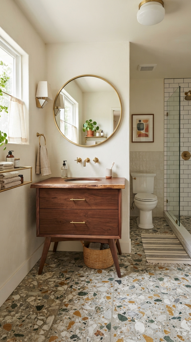 Mid-century aesthetic bathroom with walnut vanity and terrazzo floor