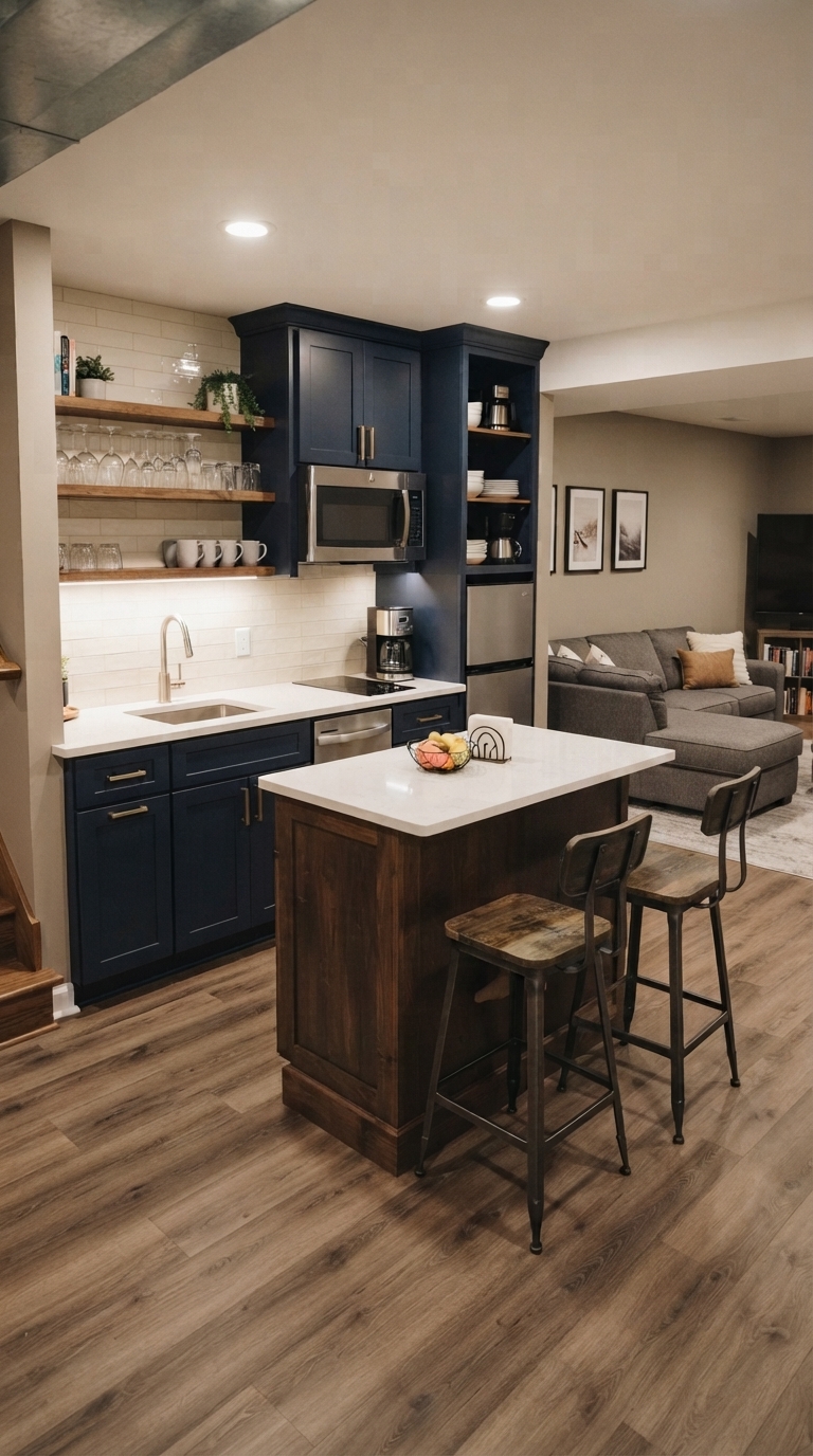 Basement kitchenette idea with mini island and seating