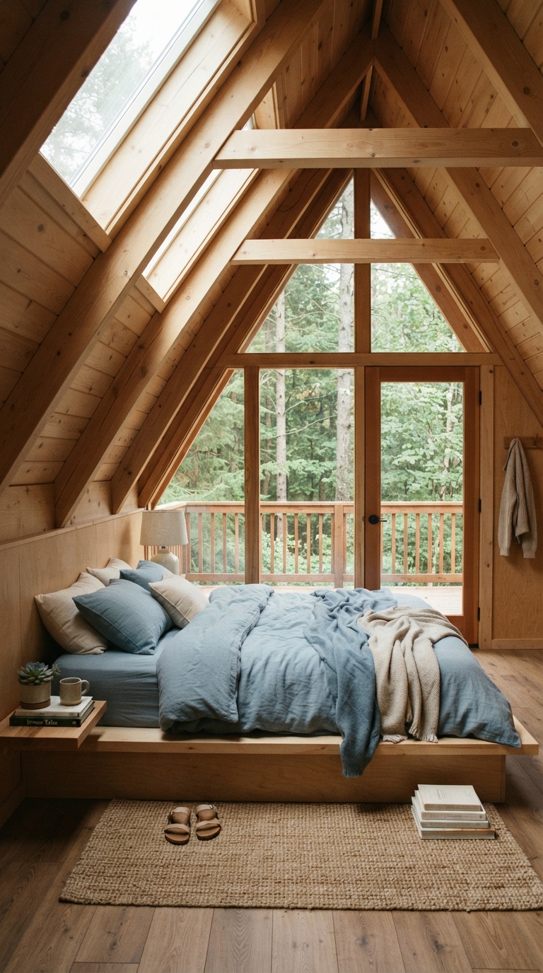 A-frame slanted ceiling bedroom decorated minimally with blue bedding