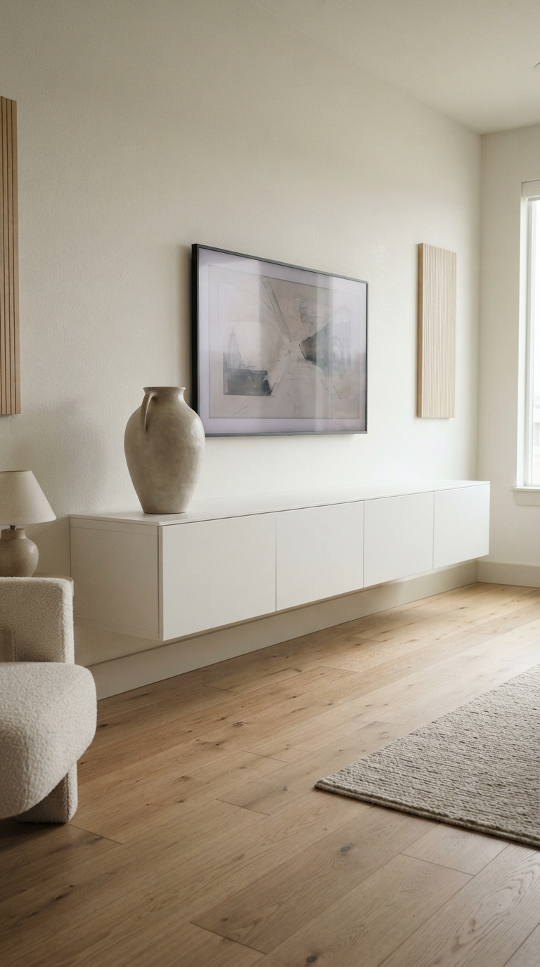 Floating TV console styled with a single statement ceramic vase
