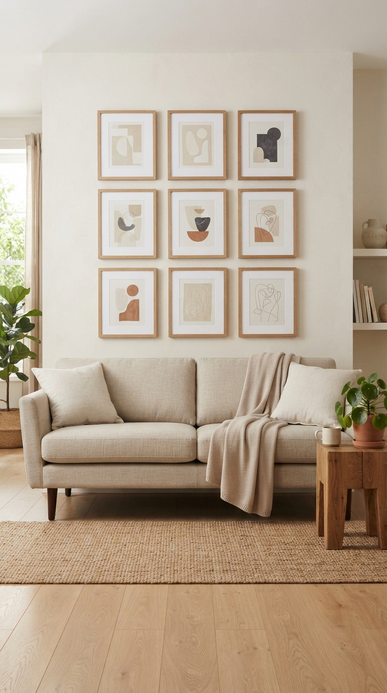 Minimalist gallery wall with neutral frames in a modern living room