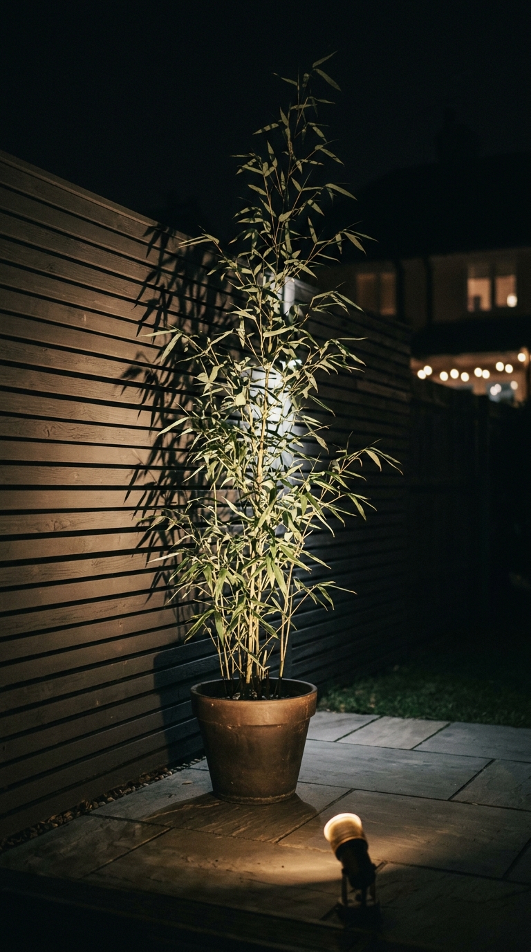 A minimalist spotlight highlighting a plant feature on a patio at night