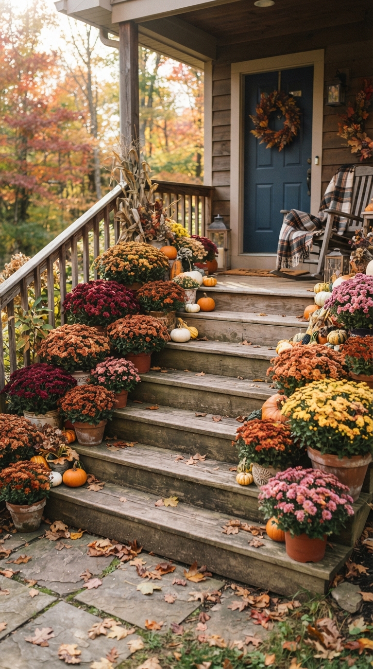 Mixed color potted mums container garden fall porch decor