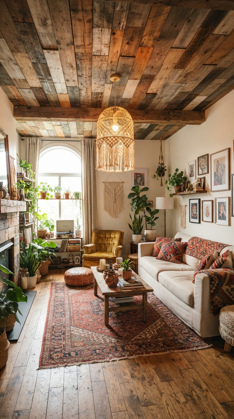 Mixed-tone reclaimed wood patchwork ceiling in a boho living room