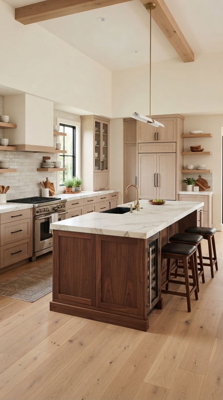 Mixed dark and light wood kitchen cabinet combination