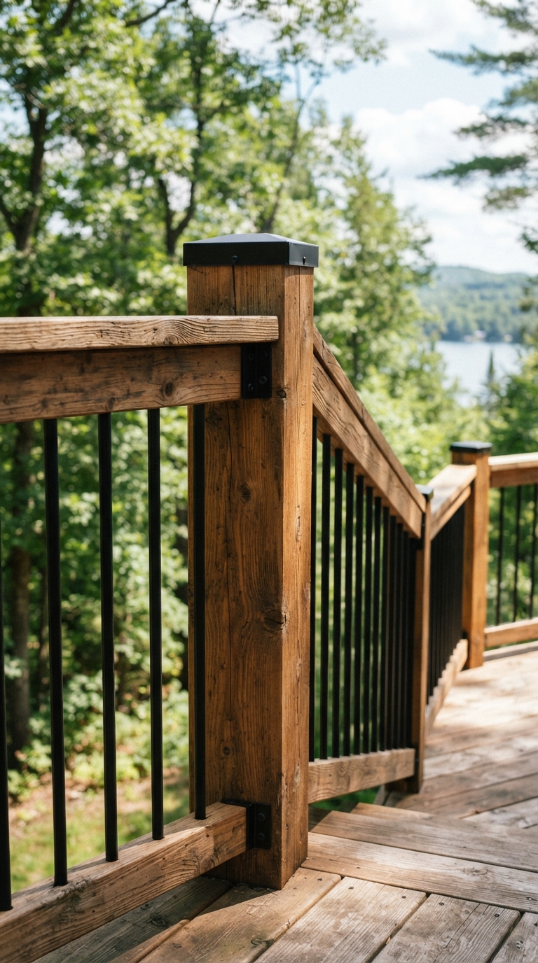 Mixed wood and metal deck railing adding contemporary texture