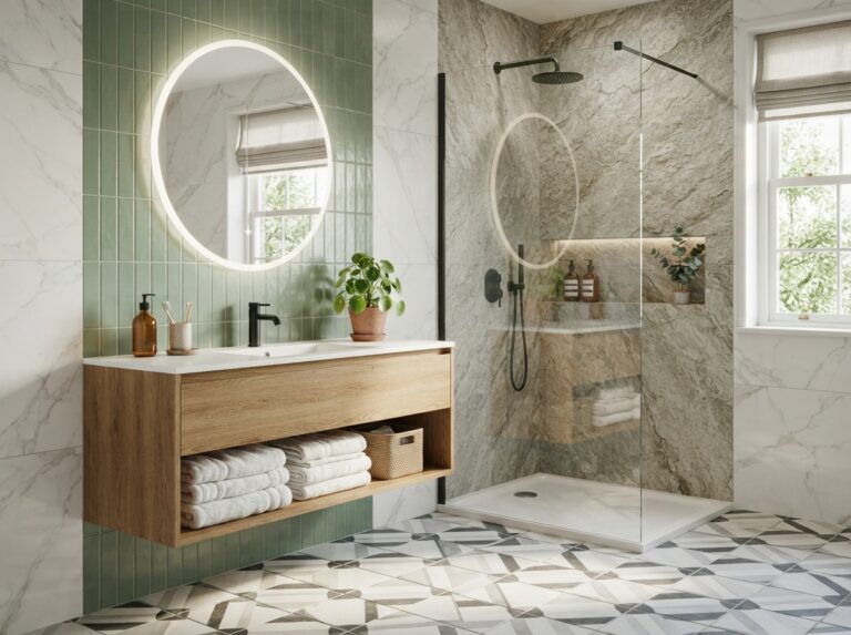 Modern bathroom with chic tile ideas featuring marble walls, subway tiles, geometric flooring, and a luxurious walk-in shower.