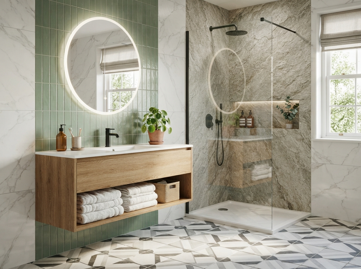 Modern bathroom with chic tile ideas featuring marble walls, subway tiles, geometric flooring, and a luxurious walk-in shower.