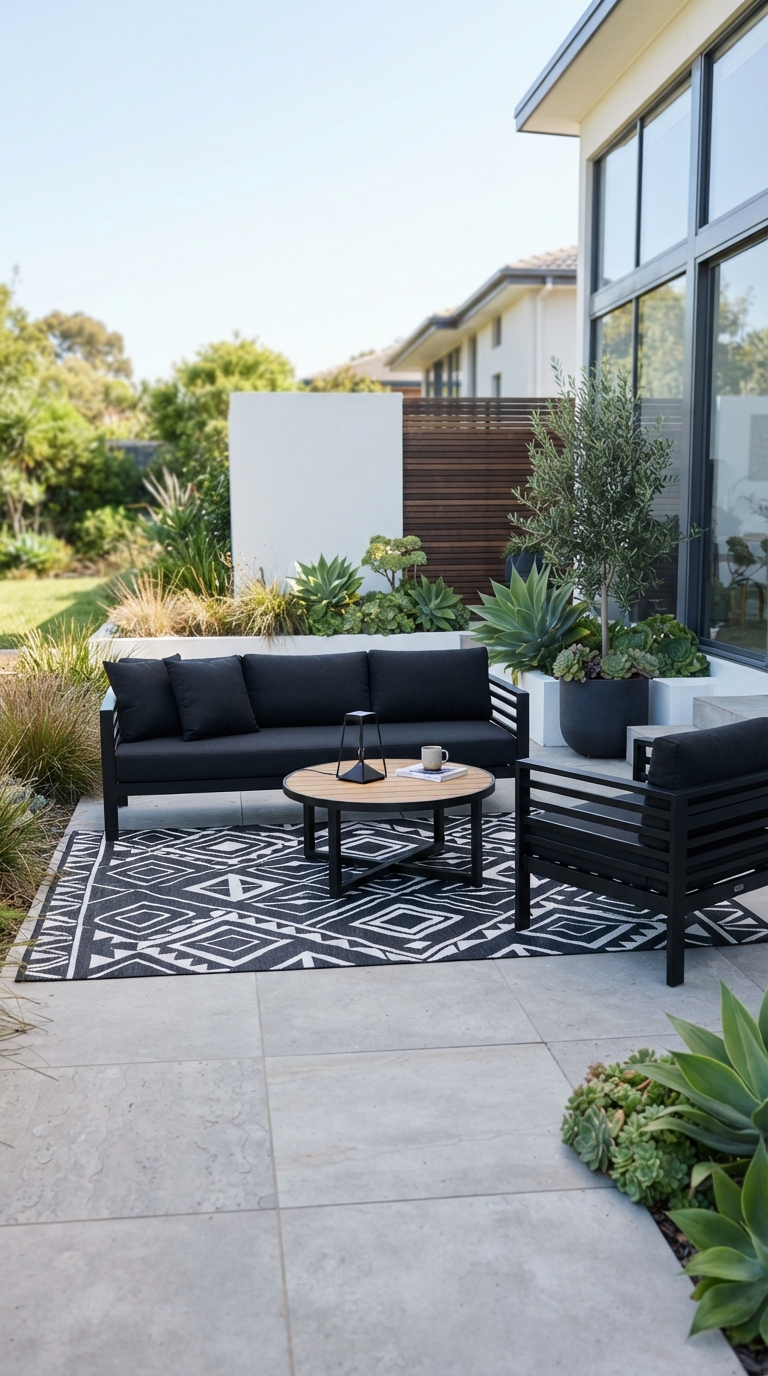Modern minimalist black and white patio design