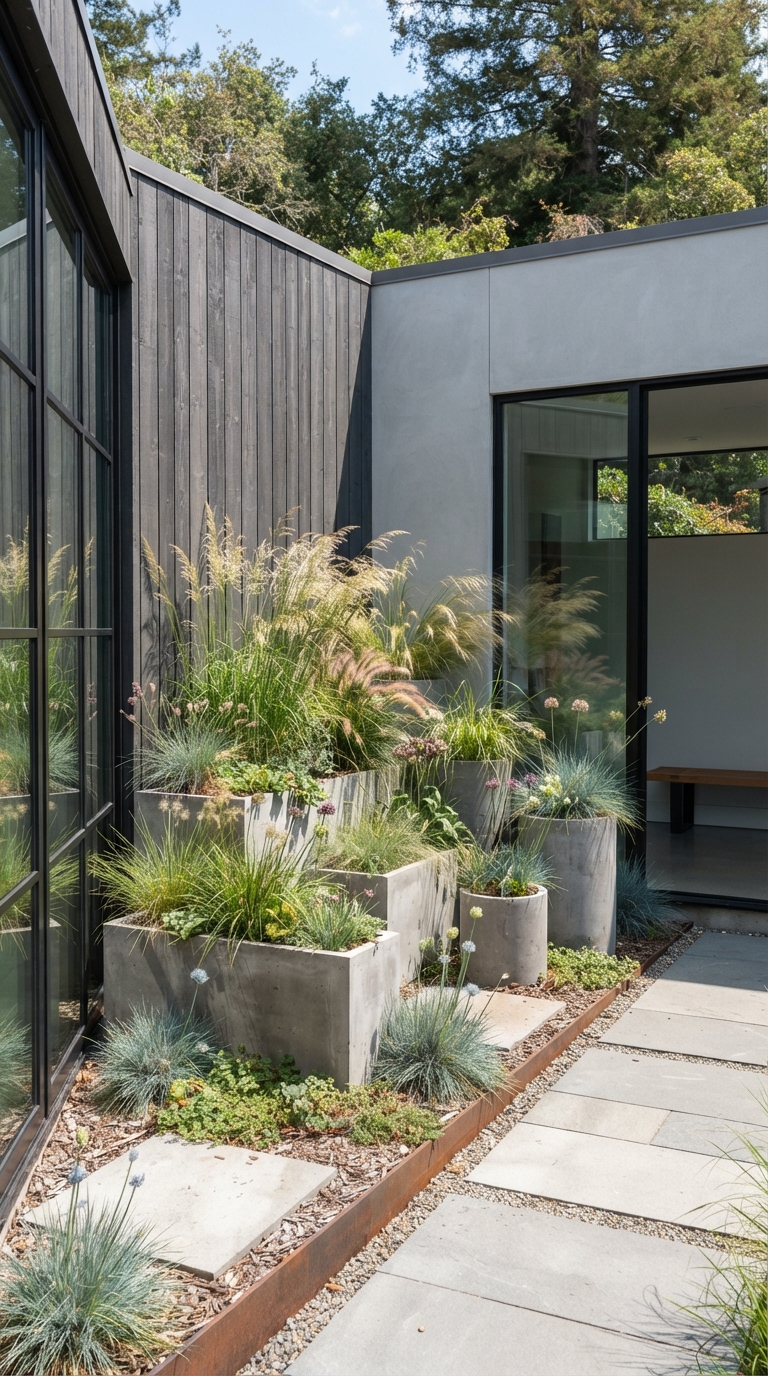 Modern corner garden featuring concrete planters and grasses.