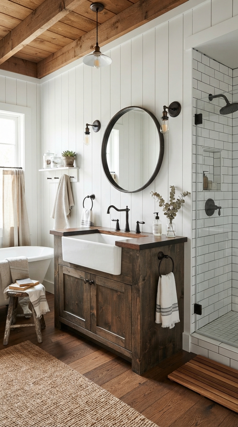 Modern farmhouse aesthetic bathroom with shiplap walls and bronze fixtures