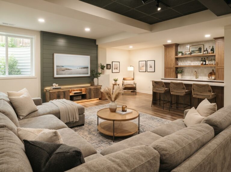 Modern finished basement remodel with cozy seating and practical entertainment space