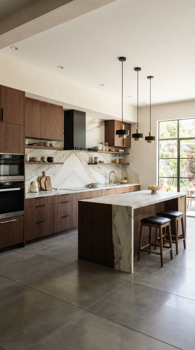 Modern flat-panel dark wood kitchen cabinets with minimalist styling