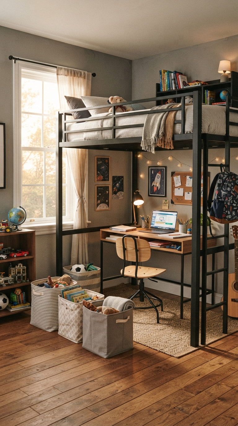 Modern loft bed setup in a boy's bedroom with desk underneath