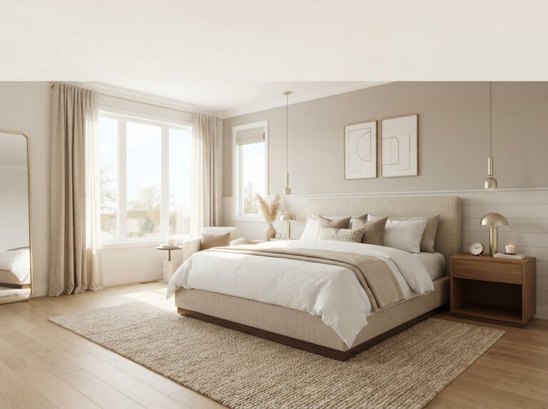 Modern luxury bedroom with elegant neutral decor, upholstered bed, warm lighting, and affordable high-end bedroom design inspiration.