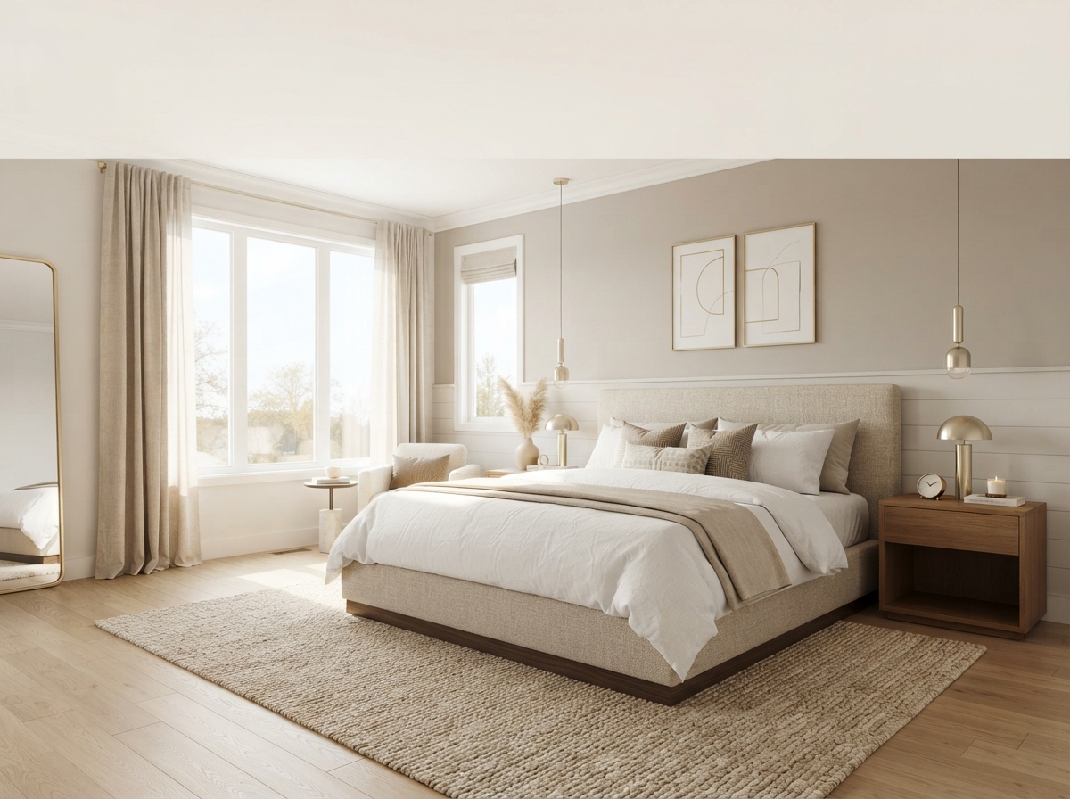 Modern luxury bedroom with elegant neutral decor, upholstered bed, warm lighting, and affordable high-end bedroom design inspiration.
