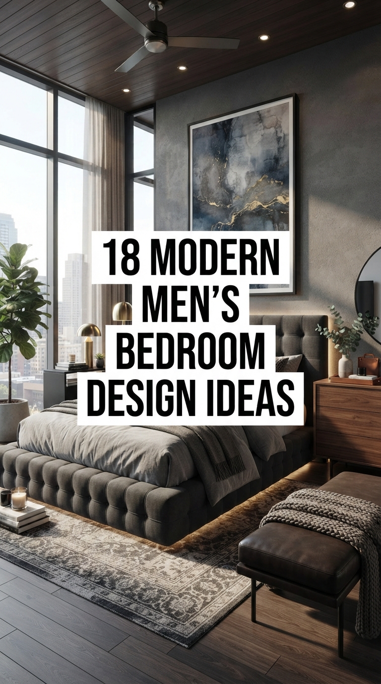 Modern men's bedroom featuring a luxury contemporary design with bold text for bedroom inspiration.