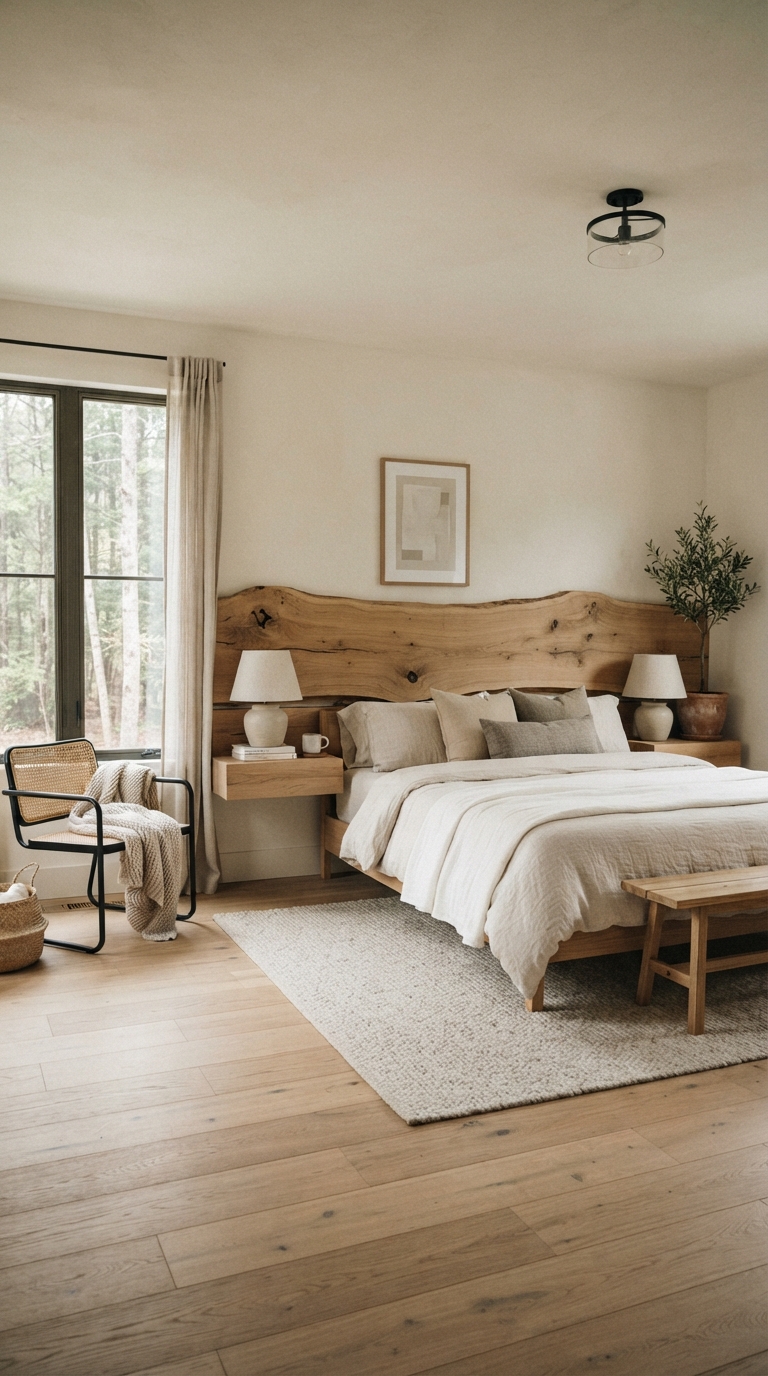 Minimal modern rustic bedroom with clean lines and natural wood accent