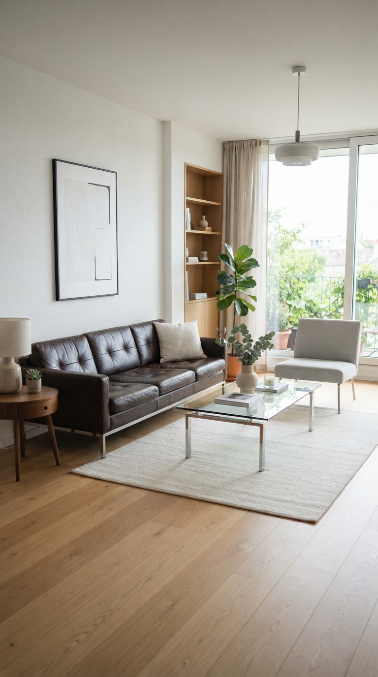 Minimalist living room with dark brown leather sofa