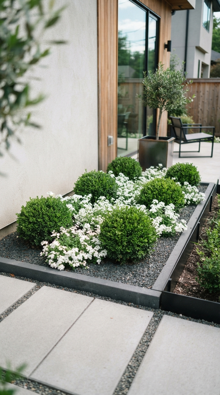Small modern flower bed with boxwood shrubs and a limited color palette