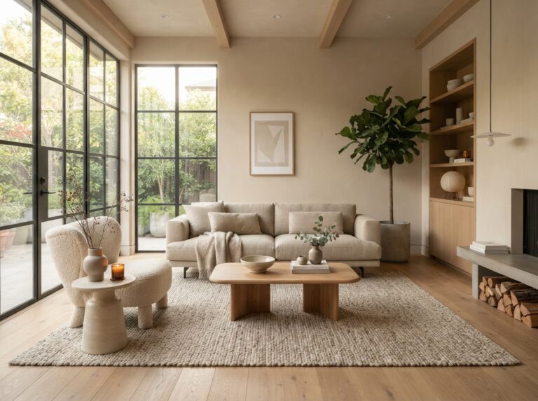 Modern minimalist living room with neutral colors, cozy earthy decor, and contemporary home design inspiration for 2026.