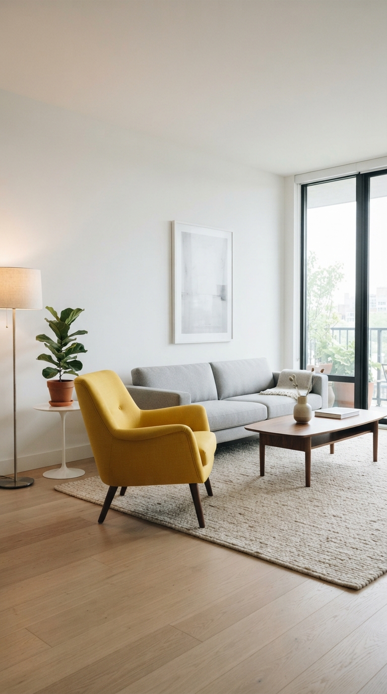 Minimalist living room with single yellow accent chair