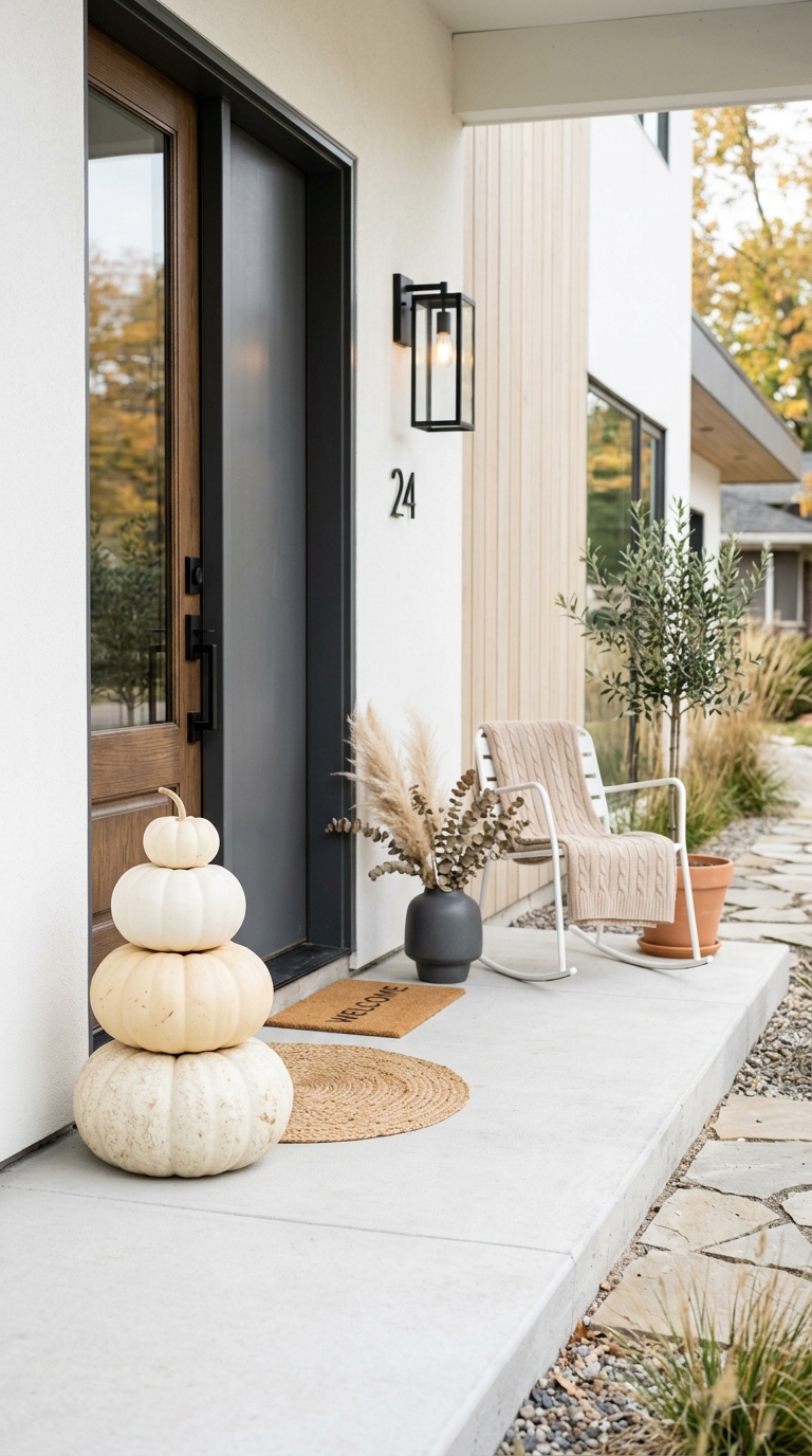 Neutral white and cream pumpkin display for modern fall porch decor