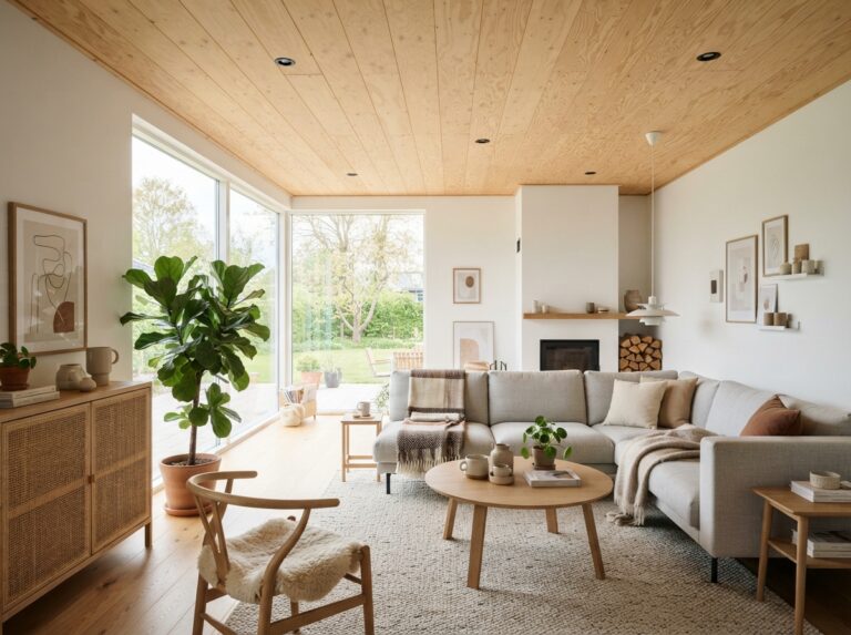 Beautiful natural plywood ceiling in a modern minimalist living room with warm wood tones.